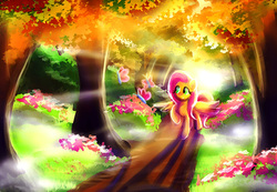 Size: 1505x1041 | Tagged: safe, artist:loveless-nights, fluttershy, butterfly, pegasus, pony, g4, backlighting, crepuscular rays, female, flower, forest, looking at something, mare, outdoors, raised hoof, scenery, solo, spread wings, three quarter view, wings