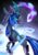 Size: 842x1190 | Tagged: safe, artist:chirpy-chi, oc, oc only, oc:queen chalybeous, changeling, changeling queen, blue changeling, blue hair, changeling oc, changeling queen oc, fangs, female, glowing horn, hair over one eye, horn, long neck, looking at you, magic, open mouth, raised hoof, solo, spread wings