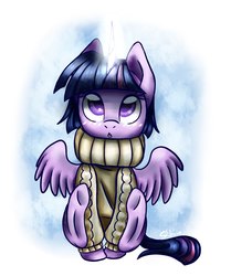 Size: 1153x1382 | Tagged: safe, artist:shkura2011, twilight sparkle, alicorn, pony, g4, clothes, female, glowing horn, horn, looking up, magic, sitting, solo, spread wings, sweater, turtleneck, twilight sparkle (alicorn)