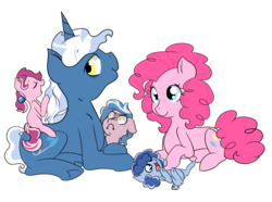 Size: 3500x2609 | Tagged: safe, artist:marukouhai, pinkie pie, pokey pierce, oc, oc:dizzy head, oc:lucky treat, oc:okey, g4, :c, bellyrubs, colt, female, filly, foal, high res, male, offspring, parent:pinkie pie, parent:pokey pierce, parents:pokeypie, prone, ship:pokeypie, shipping, simple background, straight, tickling, tongue out, white background