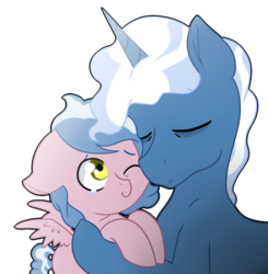 Size: 1248x1271 | Tagged: safe, artist:marukouhai, pokey pierce, oc, oc:okey, pegasus, pony, g4, colt, cuddling, eyes closed, father and son, male, offspring, one eye closed, parent:pinkie pie, parent:pokey pierce, parents:pokeypie, simple background, snuggling, teary eyes, white background