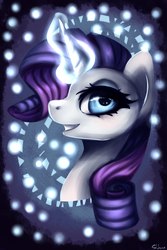 Size: 1024x1536 | Tagged: safe, artist:shkura2011, rarity, pony, g4, abstract background, bust, female, glowing horn, horn, looking at you, magic, portrait, smiling, solo