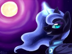 Size: 2048x1536 | Tagged: safe, artist:shkura2011, nightmare moon, alicorn, bat pony, bat pony alicorn, pony, g4, bat wings, bust, corrupted, evil grin, female, full moon, glowing horn, grin, horn, looking at you, moon, portrait, profile, slit pupils, smiling, solo