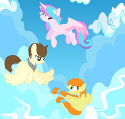 Size: 1046x994 | Tagged: safe, artist:nightfallandicestorm, pound cake, princess flurry heart, pumpkin cake, alicorn, pegasus, pony, g4, brother and sister, cake twins, cute, female, flying, male, neckerchief, older, older flurry heart, older pound cake, older pumpkin cake, race swap, screaming, siblings, twins