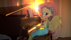 Size: 1920x1080 | Tagged: safe, artist:efk-san, fluttershy, equestria girls, g4, 3d, beautiful, blushing, clothes, dress, fall formal outfits, female, lens flare, looking at you, musical instrument, pen, piano, ponied up, sleeveless, solo, strapless, sun, winged humanization, wings