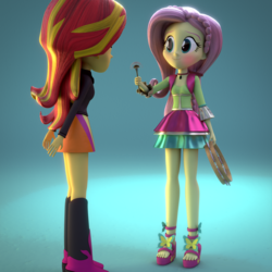 Size: 1920x1920 | Tagged: safe, artist:efk-san, fluttershy, sunset shimmer, equestria girls, friendship through the ages, g4, 3d, blushing, boots, clothes, dandelion, feet, folk fluttershy, high heel boots, high heels, musical instrument, open-toed shoes, skirt, tambourine, toes