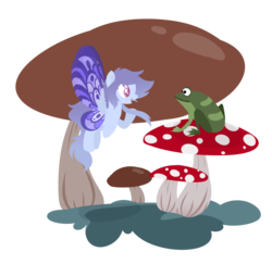 Size: 1024x995 | Tagged: safe, artist:cinna-swirl, oc, oc only, fairy, frog, base used, flying, lineless, looking at each other, mushroom, open mouth, simple background, smiling, spread wings, transparent background