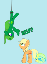 Size: 1068x1460 | Tagged: safe, artist:limedreaming, applejack, oc, oc:lime dream, earth pony, pony, unicorn, g4, blue background, female, hanging, mare, rope, simple background, tied up, upside down
