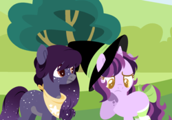 Size: 1139x797 | Tagged: safe, artist:cinna-swirl, oc, oc only, earth pony, pony, unicorn, bandana, base used, clothes, galaxy, lineless, socks, stars, witch