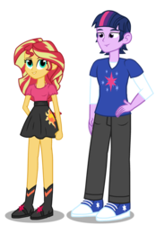 Size: 1781x2566 | Tagged: dead source, safe, artist:drewmwhit, sunset shimmer, twilight sparkle, equestria girls, g4, boots, bra strap, clothes, dusk shine, equestria guys, half r63 shipping, hand on hip, high heel boots, looking at you, male, pants, prince dusk, rule 63, ship:duskshimmer, ship:sunsetsparkle, shipping, shirt, shoes, simple background, skirt, sneakers, straight, transparent background