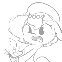 Size: 1080x1080 | Tagged: safe, artist:tjpones, oc, oc only, oc:brownie bun, earth pony, pony, horse wife, black and white, burning, cooking, fail, fire, food, grayscale, hoof hold, how, instant noodles, monochrome, noodles, open mouth, simple background, solo, white background