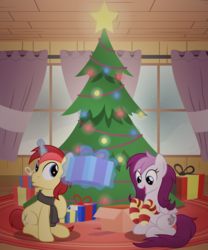 Size: 2000x2400 | Tagged: safe, artist:ashidaru, oc, oc only, oc:ace artistry, oc:happy hoax, bronies.de, christmas, christmas tree, clothes, high res, scarf, socks, striped socks, tree