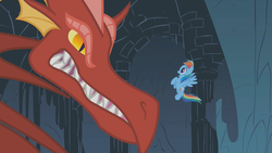 Size: 1280x720 | Tagged: safe, screencap, basil, rainbow dash, dragon, pony, dragonshy, g4, angry, scared