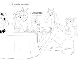 Size: 1280x989 | Tagged: safe, artist:silfoe, kibitz, princess celestia, princess luna, oc, oc:horace octavius reginald sorrel edward, horse, royal sketchbook, g4, clothes, dialogue, grayscale, horse-pony interaction, monochrome, prank