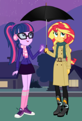 Size: 2953x4344 | Tagged: safe, artist:3d4d, sci-twi, sunset shimmer, twilight sparkle, equestria girls, g4, alternate clothes, boots, clothes, converse, earmuffs, female, high heel boots, high res, lesbian, longcoat, magic, raincoat, scarf, ship:sci-twishimmer, ship:sunsetsparkle, shipping, shoes, skirt, sneakers, socks, umbrella, winter coat
