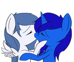 Size: 1024x853 | Tagged: safe, artist:fajnyziomal, oc, oc only, oc:delly, oc:graceful motion, pegasus, pony, unicorn, eyes closed, female, kissing, lesbian, not luna, shipping