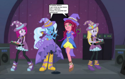 Size: 1664x1052 | Tagged: safe, artist:themexicanpunisher, fuchsia blush, gloriosa daisy, lavender lace, trixie, equestria girls, g4, my little pony equestria girls: rainbow rocks, cape, clothes, female, hat, smiling, smirk, tricks up my sleeve, trixie and the illusions, trixie's cape, trixie's hat