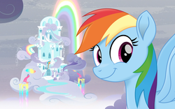 Size: 3840x2400 | Tagged: safe, artist:m.w., derpibooru exclusive, rainbow dash, pegasus, pony, g4, my little pony: the movie, cloud, female, high res, looking at you, mare, movie designs, rainbow dash's house, smiling, solo, spread wings, vector, wallpaper