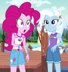 Size: 464x491 | Tagged: safe, screencap, pinkie pie, trixie, equestria girls, g4, my little pony equestria girls: legend of everfree, boat, bracelet, camp everfree outfits, cropped, duo, duo female, female, heart, jewelry, open mouth, tree