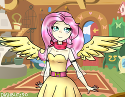 Size: 2476x1920 | Tagged: safe, artist:dashblitz90-fonnie, fluttershy, human, g4, belt, clothes, dress, female, humanized, nail polish, scarf, solo, spread wings, winged humanization, wings