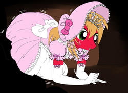 Size: 2500x1821 | Tagged: safe, artist:avchonline, big macintosh, earth pony, anthro, g4, alice in wonderland, bonnet, bow, clothes, crawling, crossdressing, dress, evening gloves, gloves, jewelry, lace, male, pinafore, puffy sleeves, rabbit hole, ribbon, sissy, solo, tiara