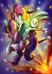 Size: 1024x1447 | Tagged: safe, artist:mad--munchkin, pinkie pie, g4, armpits, crossover, dynamite, explosion, explosives, max (sam and max), sam and max, watermark