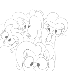 Size: 4000x4000 | Tagged: safe, artist:wafflecakes, pinkie pie, pony, g4, too many pinkie pies, 30 minute art challenge, :p, :t, butt, clone, cute, floppy ears, frown, fun fun fun, glare, grin, leaning, looking at you, looking back, monochrome, multeity, plot, ponk, raspberry, smiling, squee, squishy cheeks, tongue out, unamused