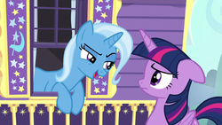 Size: 1280x720 | Tagged: safe, screencap, trixie, twilight sparkle, alicorn, pony, g4, to where and back again, trixie's wagon, twilight sparkle (alicorn)