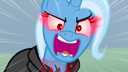 Size: 1280x720 | Tagged: safe, screencap, trixie, pony, g4, magic duel, alicorn amulet, faic, female, glowing eyes, mare, red eyes, solo, yelling