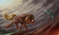 Size: 5000x3000 | Tagged: safe, artist:deltauraart, oc, oc only, oc:calamity, pegasus, pony, fallout equestria, cloud, cloudy, combat, dogfight, flying, gun, hat, high res, saddle bag, sky, weapon