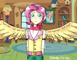 Size: 2476x1920 | Tagged: safe, artist:dashblitz90-fonnie, fluttershy, human, g4, butterscotch, humanized, rule 63, solo, spread wings, winged humanization, wings
