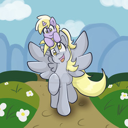 Size: 1024x1024 | Tagged: safe, artist:yoshimarsart, derpy hooves, dinky hooves, pegasus, pony, unicorn, g4, dinky riding derpy, equestria's best daughter, equestria's best mother, female, filly, mare, mother and daughter, ponies riding ponies, pony hat, riding, walking, watermark