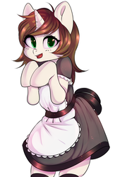 Size: 3183x4891 | Tagged: safe, artist:yukomaussi, oc, oc only, oc:light landstrider, pony, unicorn, bipedal, clothes, cute, green eyes, high res, looking at you, maid, rule 63, simple background, solo, white background