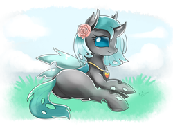 Size: 2494x1816 | Tagged: safe, artist:pridark, oc, oc only, changeling, butt, changeling oc, commission, female, flower, flower in hair, plot, prone, solo