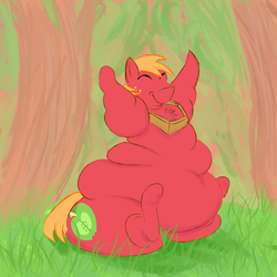 Size: 1500x1500 | Tagged: safe, artist:lupin quill, big macintosh, earth pony, pony, g4, belly, belly button, bhm, big belly, big boys, bigger macintosh, chest fluff, chubby cheeks, double chin, eyes closed, fat, fat legs, grass, male, moobs, neck roll, obese, rolls of fat, solo, stallion, thick legs, tree