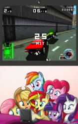 Size: 643x1024 | Tagged: safe, artist:the-butch-x, applejack, fluttershy, pinkie pie, rainbow dash, rarity, sunset shimmer, twilight sparkle, pony, g4, car, computer, crash, demolition racer, exploitable meme, game, laptop computer, mane six, meme, smashing, what's on the laptop sunset?