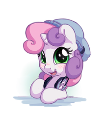 Size: 1035x1200 | Tagged: safe, artist:bobdude0, edit, sweetie belle, pony, unicorn, g4, abstract background, blushing, cute, diasweetes, female, filly, happy, hat, headphones, looking at you, open mouth, smiling, solo