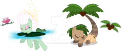 Size: 1024x432 | Tagged: safe, artist:mlp-trailgrazer, oc, oc only, oc:lotus crown, oc:palm fronds, original species, plant pony, adoptable, coconut, eyes closed, eyeshadow, flower, food, lilypad, makeup, palm tree, prone, simple background, sleeping, smiling, swimming, transparent background, tree, watermark