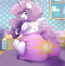 Size: 1222x1230 | Tagged: safe, artist:crescent, princess celestia, pony, g4, adult foal, baby bottle, cutie mark diapers, diaper, female, from behind, looking back, non-baby in diaper, pacifier, plushie, poofy diaper, solo, sunbutt