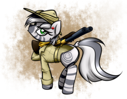 Size: 5275x4140 | Tagged: safe, artist:jetwave, oc, oc only, oc:ujazira, pony, zebra, absurd resolution, clothes, commission, gun, looking at you, safari hat, solo, weapon