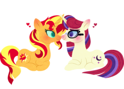 Size: 992x713 | Tagged: safe, artist:carouselunique, moondancer, sunset shimmer, pony, unicorn, g4, blushing, crack shipping, crossed hooves, female, heart, lesbian, looking at each other, prone, ship:moonset, shipping, simple background, smiling, transparent background