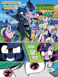 Size: 720x960 | Tagged: safe, artist:andy price, idw, princess celestia, princess luna, rarity, starlight glimmer, twilight sparkle, alicorn, pony, chaos theory (arc), g4, spoiler:comic, spoiler:comic50, accord (arc), conclusion: and chaos into the order came, hk-class-deific-subjugation-scenario, mind control, preview, stepford smiler, twilight sparkle (alicorn)