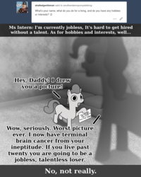 Size: 800x1000 | Tagged: safe, artist:thepristineeye, oc, oc only, oc:intern, earth pony, pony, 3d, anotherdamnponyaskblog, blender, comic, couch, dialogue, female, filly, flashback, grayscale, monochrome, smiling, text, tumblr