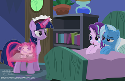 Size: 2998x1938 | Tagged: safe, artist:shutterflyeqd, starlight glimmer, trixie, twilight sparkle, alicorn, pony, g4, bed, bedroom, clothes, counterparts, female, lesbian, levitation, magic, maid, maidlight sparkle, ship:startrix, shipping, telekinesis, twilight sparkle (alicorn), twilight's counterparts