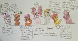 Size: 960x506 | Tagged: safe, artist:rapidsnap, apple bloom, button mash, cheerilee, derpy hooves, scootaloo, sweetie belle, oc, oc:sethisto, pegasus, pony, g4, cutie mark crusaders, female, mare, newbie artist training grounds, traditional art