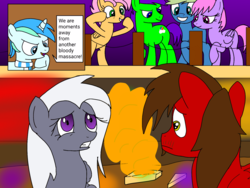 Size: 1600x1200 | Tagged: safe, artist:toyminator900, oc, oc only, oc:aureai gray, oc:beauty cheat, oc:chip, oc:clever clop, oc:cyan lightning, oc:melody notes, oc:screen gazer, announcer, far cry 4, raised hoof, scared, smoke, speech bubble, this will end in tears and/or death