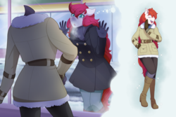 Size: 6000x4000 | Tagged: safe, artist:mylittlesheepy, oc, oc only, oc:air raid, anthro, plantigrade anthro, absurd resolution, anthro oc, boots, clothes, coat, cosplay, costume, femboy, floppy ears, gloves, high heels, jacket, leggings, long hair, male, mannequin, noblewoman's laugh, solo, sparkles, thought bubble, trap
