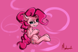 Size: 1800x1200 | Tagged: safe, artist:miokomata, pinkie pie, pony, g4, female, grin, looking at you, signature, simple background, sitting, smiling, solo