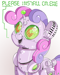 Size: 3900x4800 | Tagged: safe, artist:docwario, sweetie belle, pony, robot, robot pony, unicorn, g4, absurd resolution, antennae, female, filly, foal, horn, looking at you, open mouth, simple background, smiling, solo, sweetie bot, text