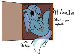 Size: 1280x914 | Tagged: safe, artist:neuro, lyra heartstrings, pony, unicorn, g4, cupboard, cute, dialogue, female, floppy ears, implied anon, looking at you, mare, open mouth, simple background, smiling, solo, stuck, transparent background